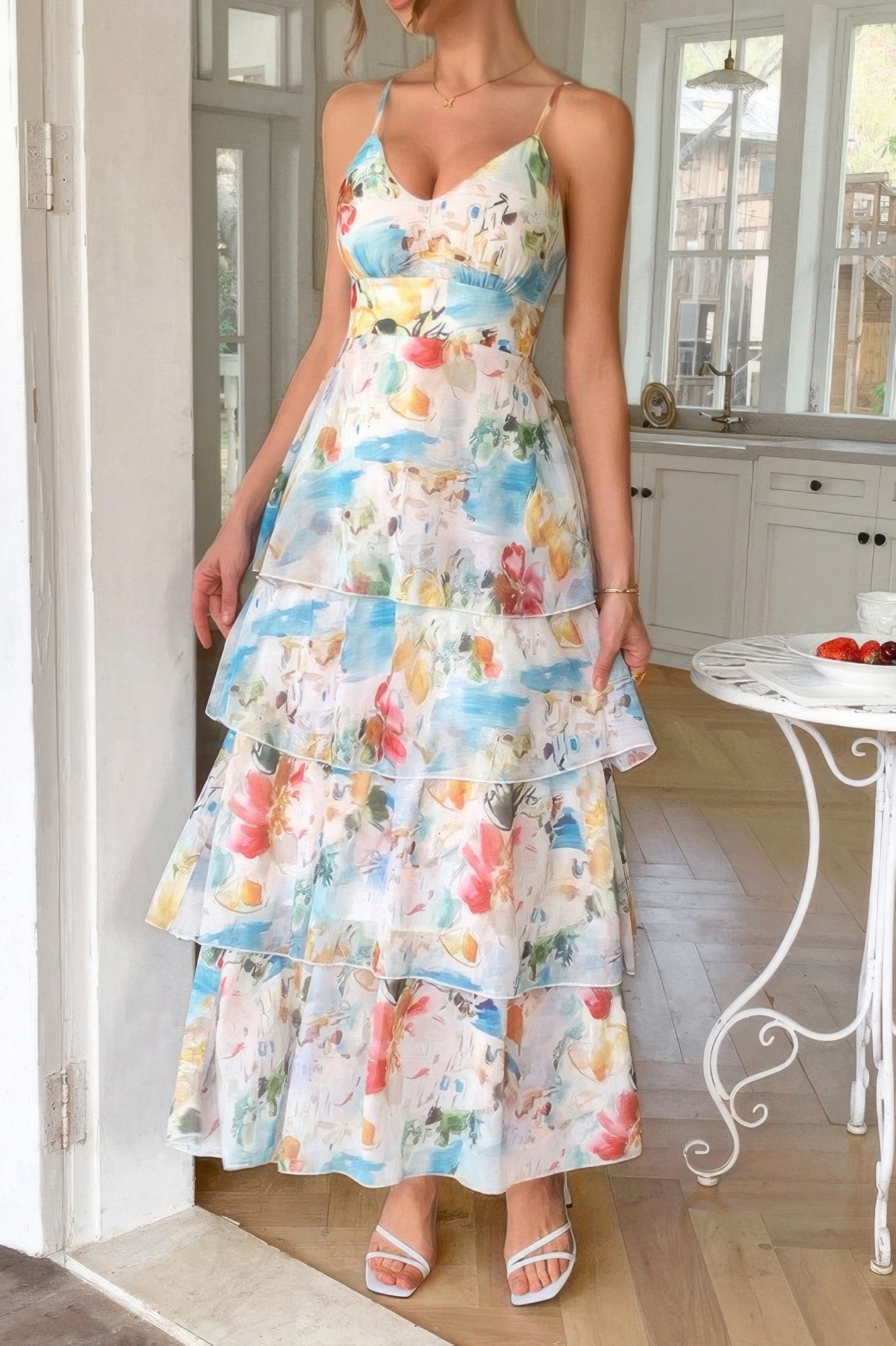 Straps Floral Print V Neck Patchwork Full Dress | by atgodanddesigns