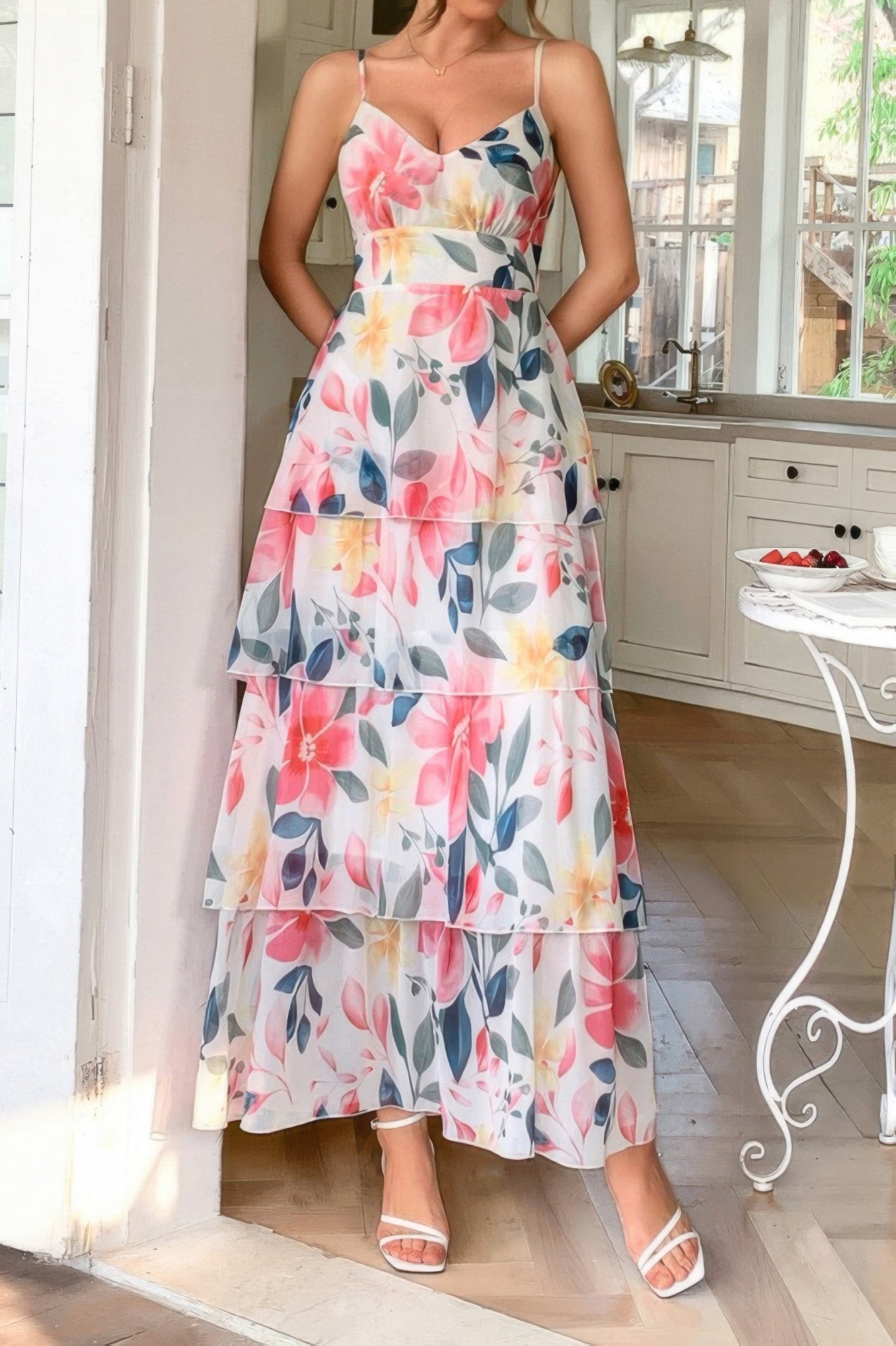 Straps Floral Print V Neck Patchwork Full Dress | by atgodanddesigns