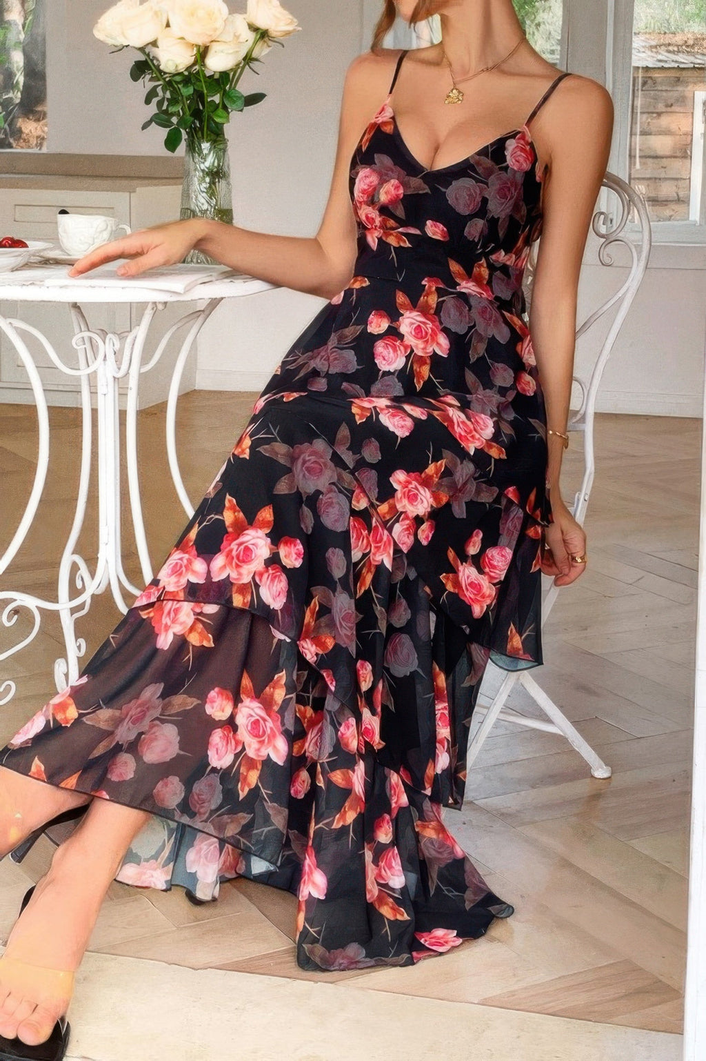 Straps Floral Print V Neck Patchwork Full Dress | by atgodanddesigns