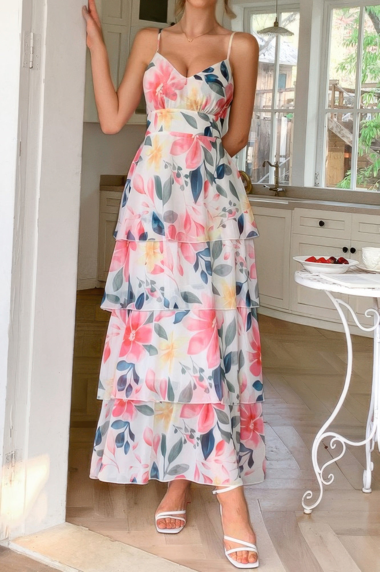 Straps Floral Print V Neck Patchwork Full Dress | by atgodanddesigns