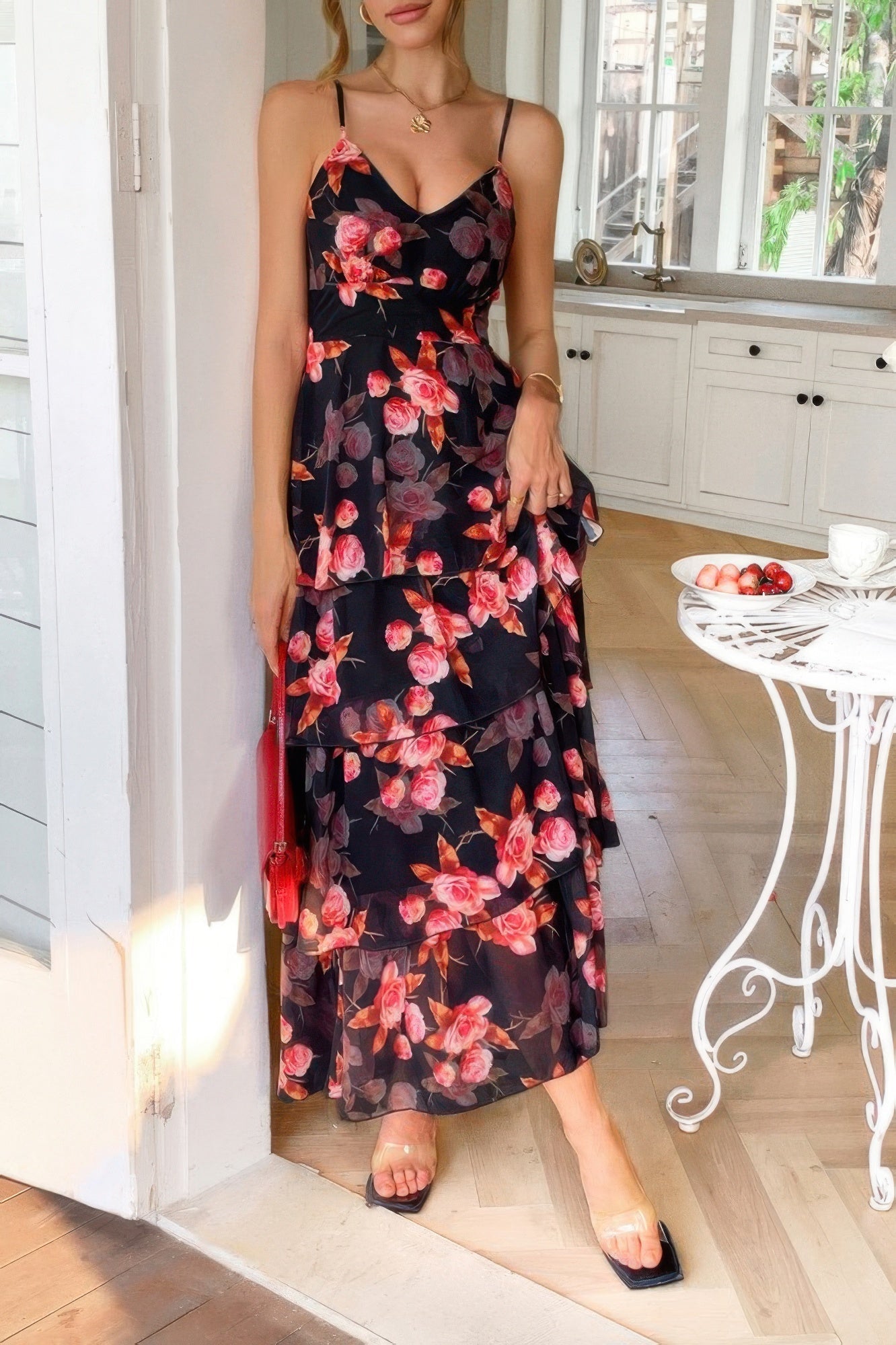 Straps Floral Print V Neck Patchwork Full Dress | by atgodanddesigns