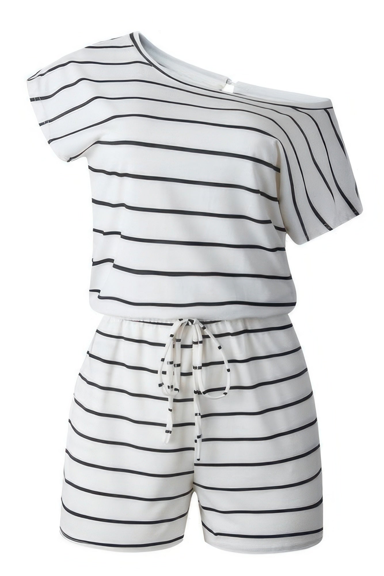 Striped Short Sleeve Drawstring Waist Romper | by atgodanddesigns