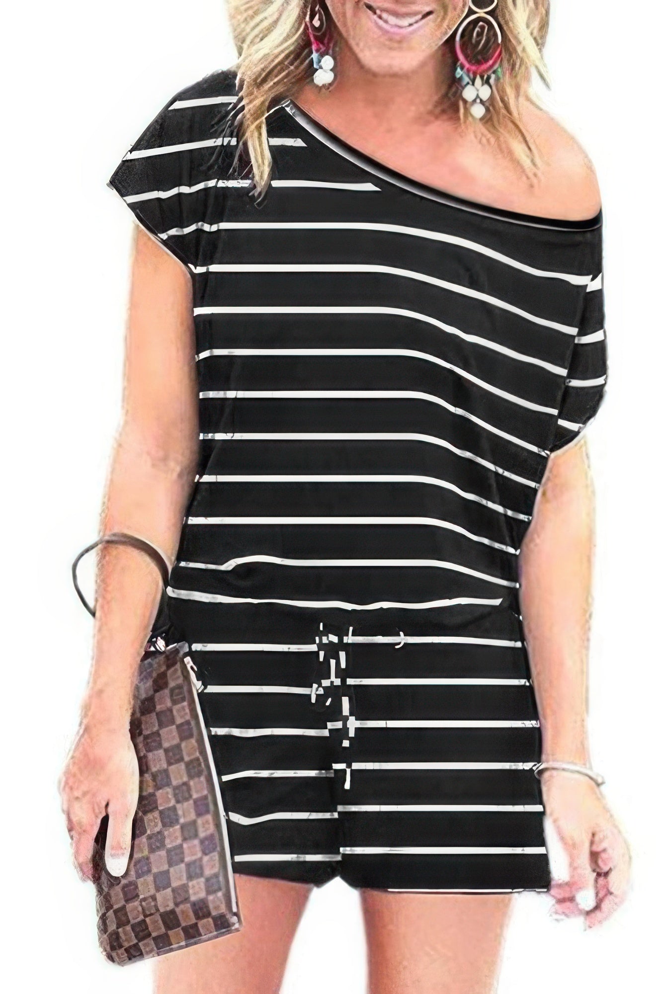 Striped Short Sleeve Drawstring Waist Romper | by atgodanddesigns