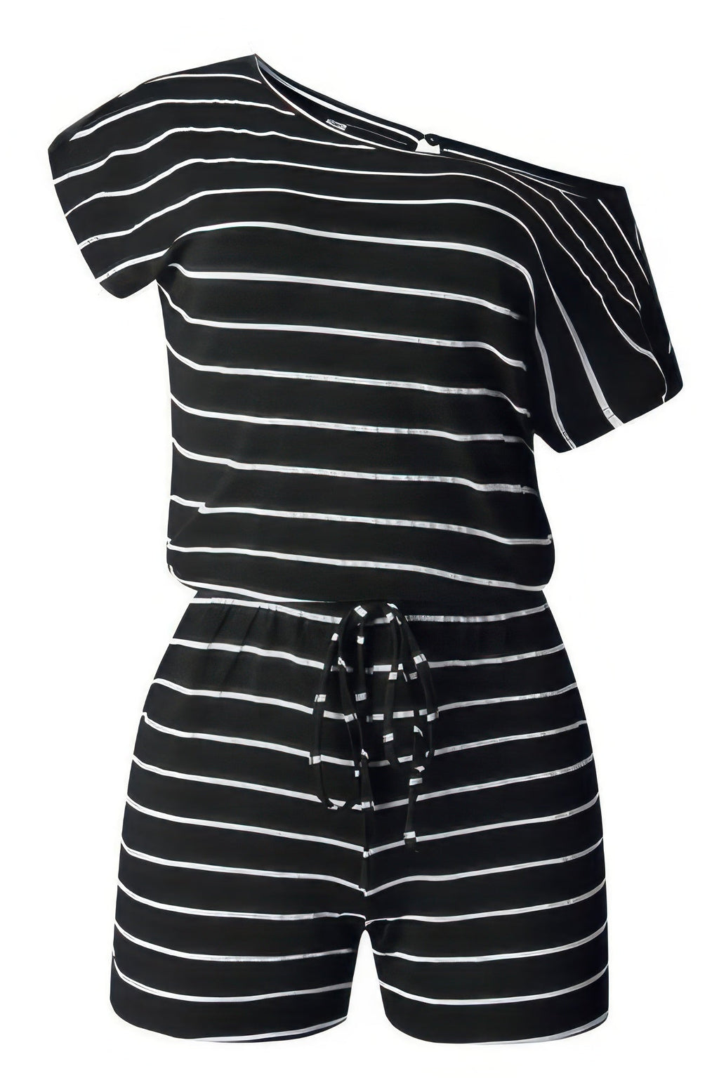 Striped Short Sleeve Drawstring Waist Romper | by atgodanddesigns