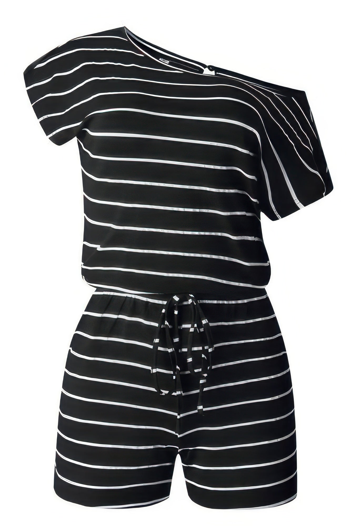 Striped Short Sleeve Drawstring Waist Romper | by atgodanddesigns