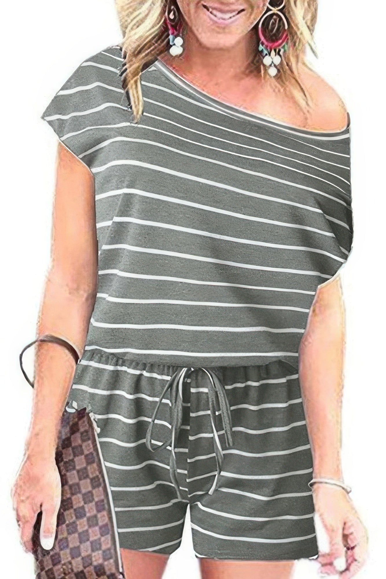 Striped Short Sleeve Drawstring Waist Romper | by atgodanddesigns