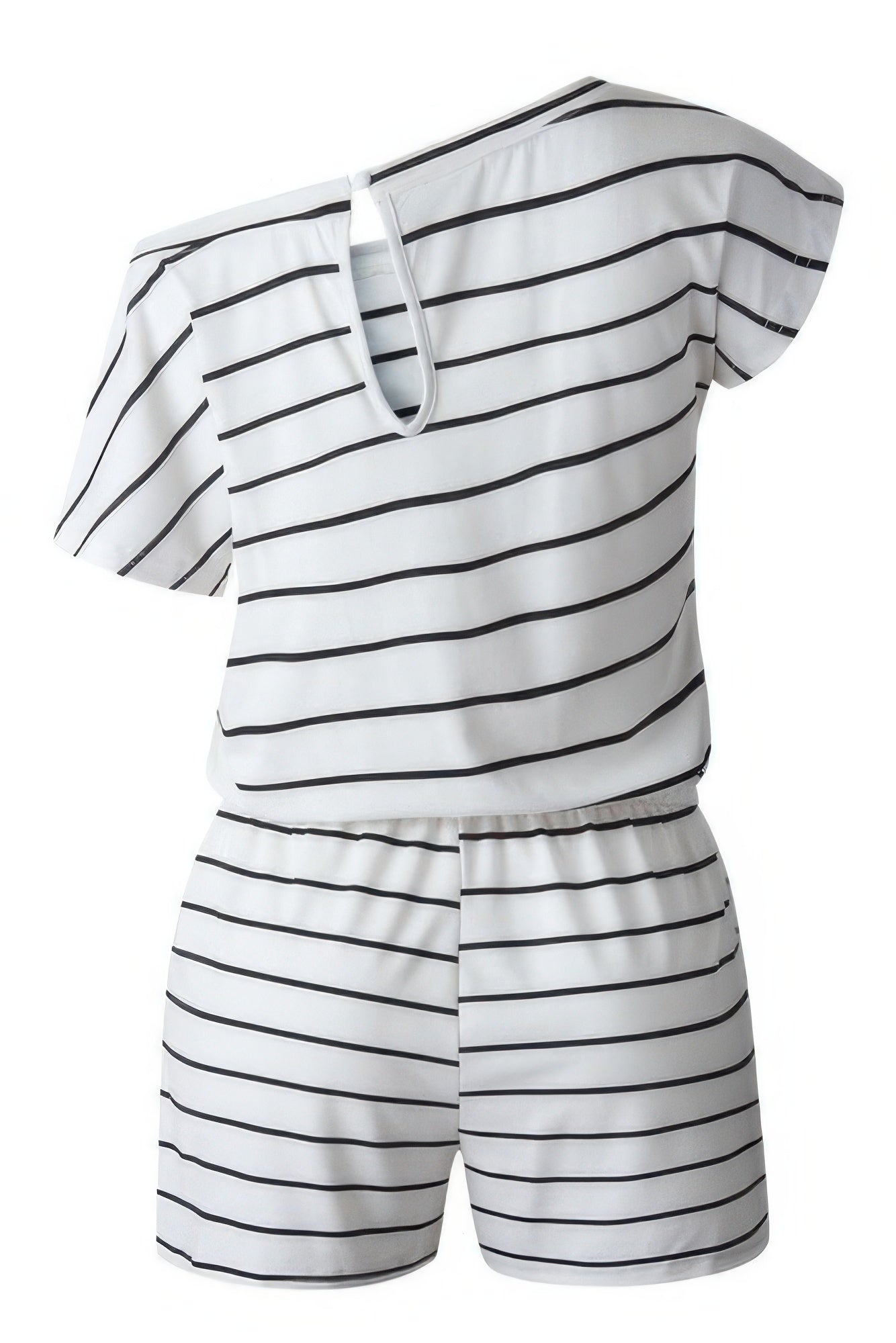 Striped Short Sleeve Drawstring Waist Romper | by atgodanddesigns