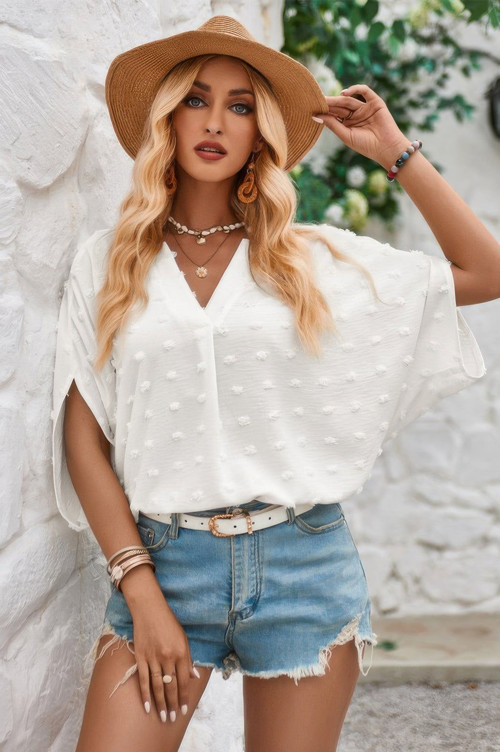 Swiss Dot V Neck Loose Half Sleeve Blouse | by atgodanddesigns