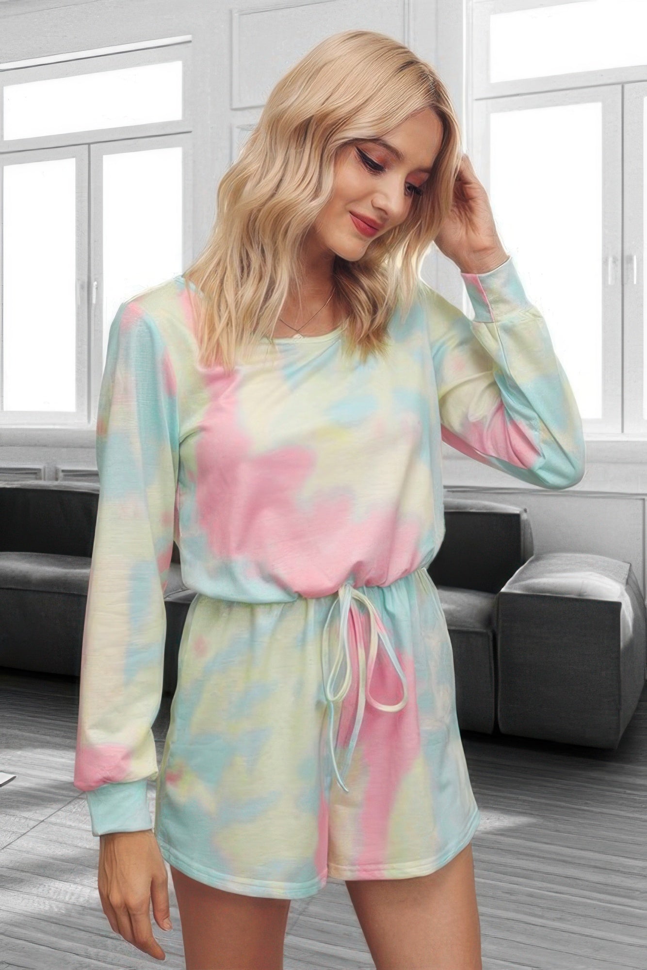 Tie Dye Round Neck Drawstring Romper | by atgodanddesigns