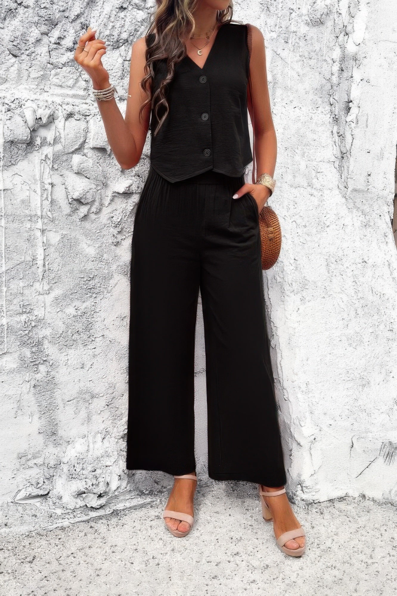 Two Piece Sleeveless Button V Neck Solid Sets | by atgodanddesigns