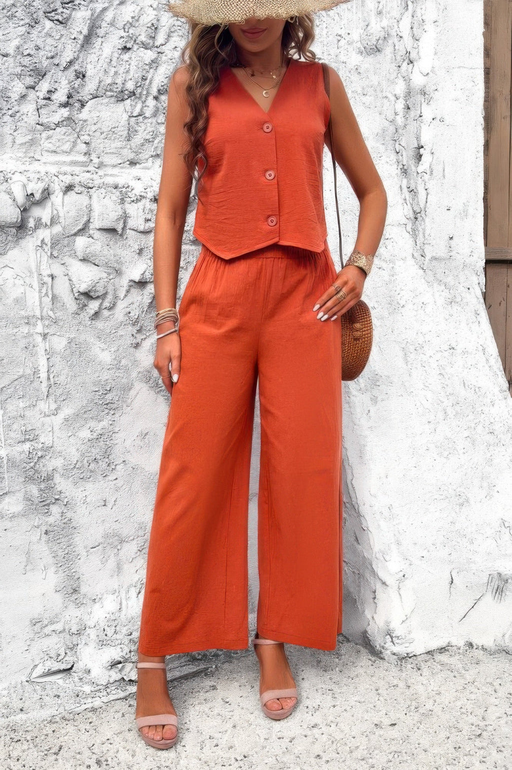 Two Piece Sleeveless Button V Neck Solid Sets | by atgodanddesigns