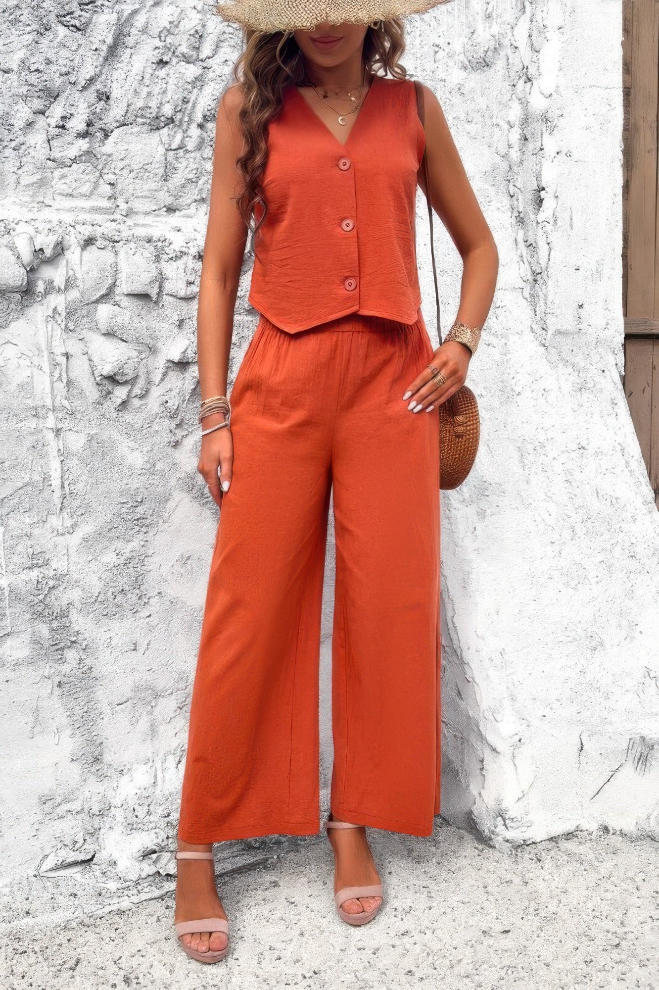 Two Piece Sleeveless Button V Neck Solid Sets | by atgodanddesigns