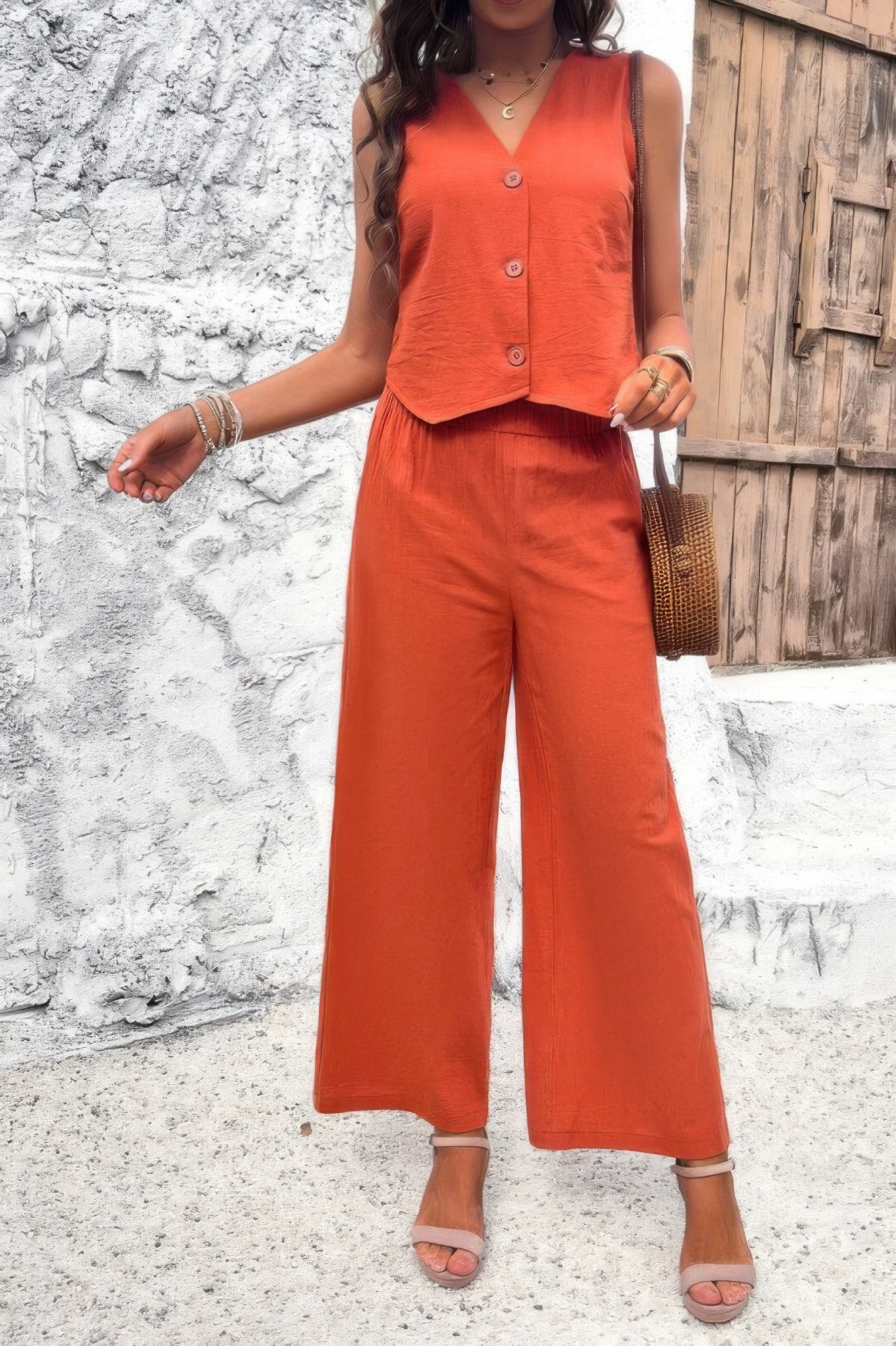 Two Piece Sleeveless Button V Neck Solid Sets | by atgodanddesigns