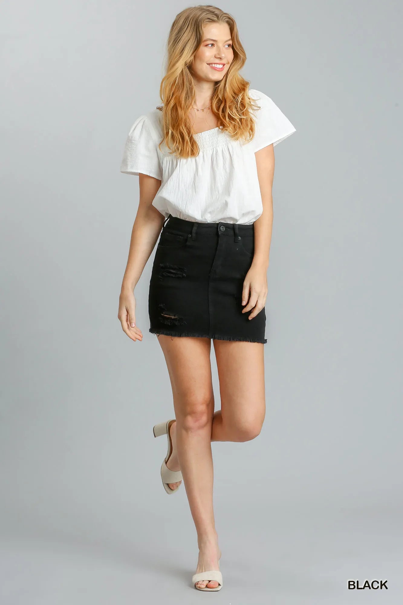 Umgee Distressed Raw Hem High Waist Denim Skirt | by atgodanddesigns