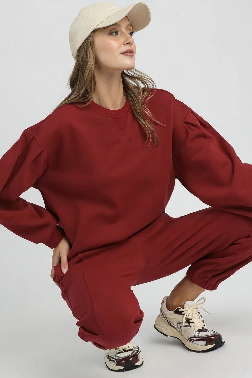 Umgee Round Neck Sweatshirt with Pleated Detail | by atgodanddesigns