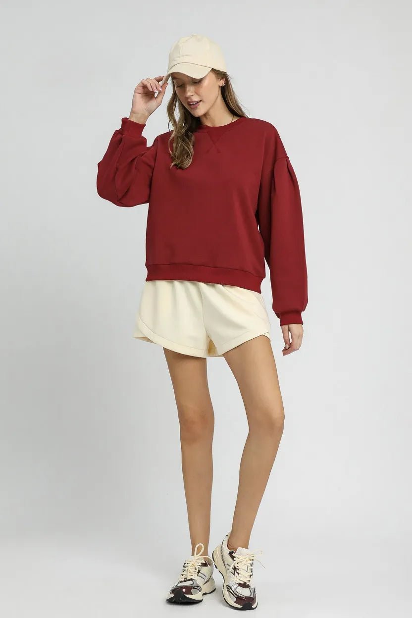 Umgee Round Neck Sweatshirt with Pleated Detail | by atgodanddesigns