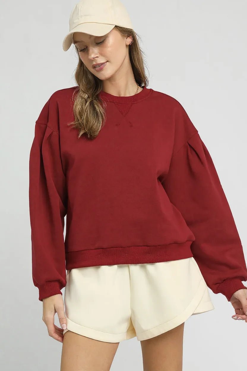 Umgee Round Neck Sweatshirt with Pleated Detail | by atgodanddesigns