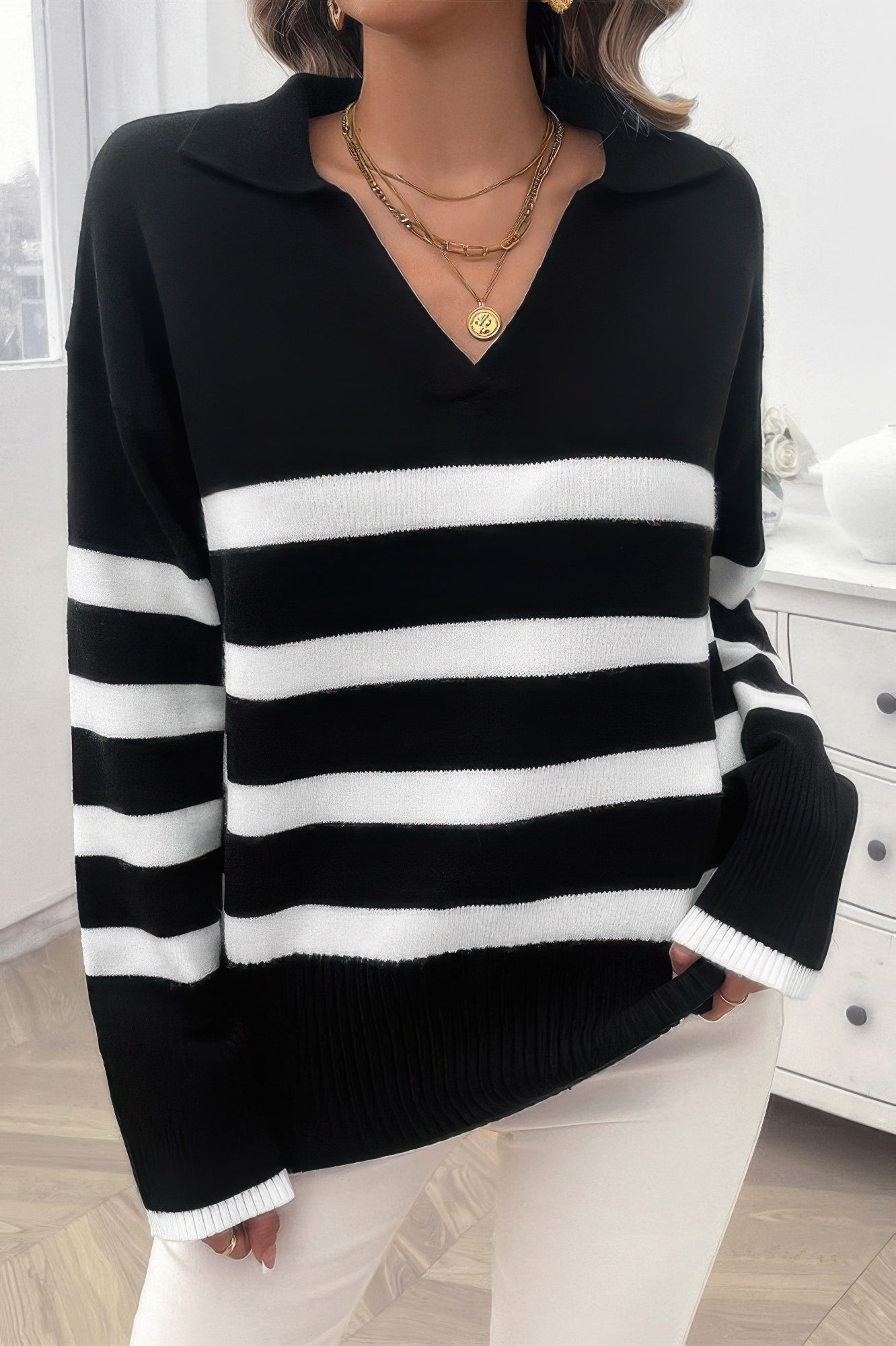 V Neck Drop Shoulder Strip Knit Loose Sweater | by atgodanddesigns