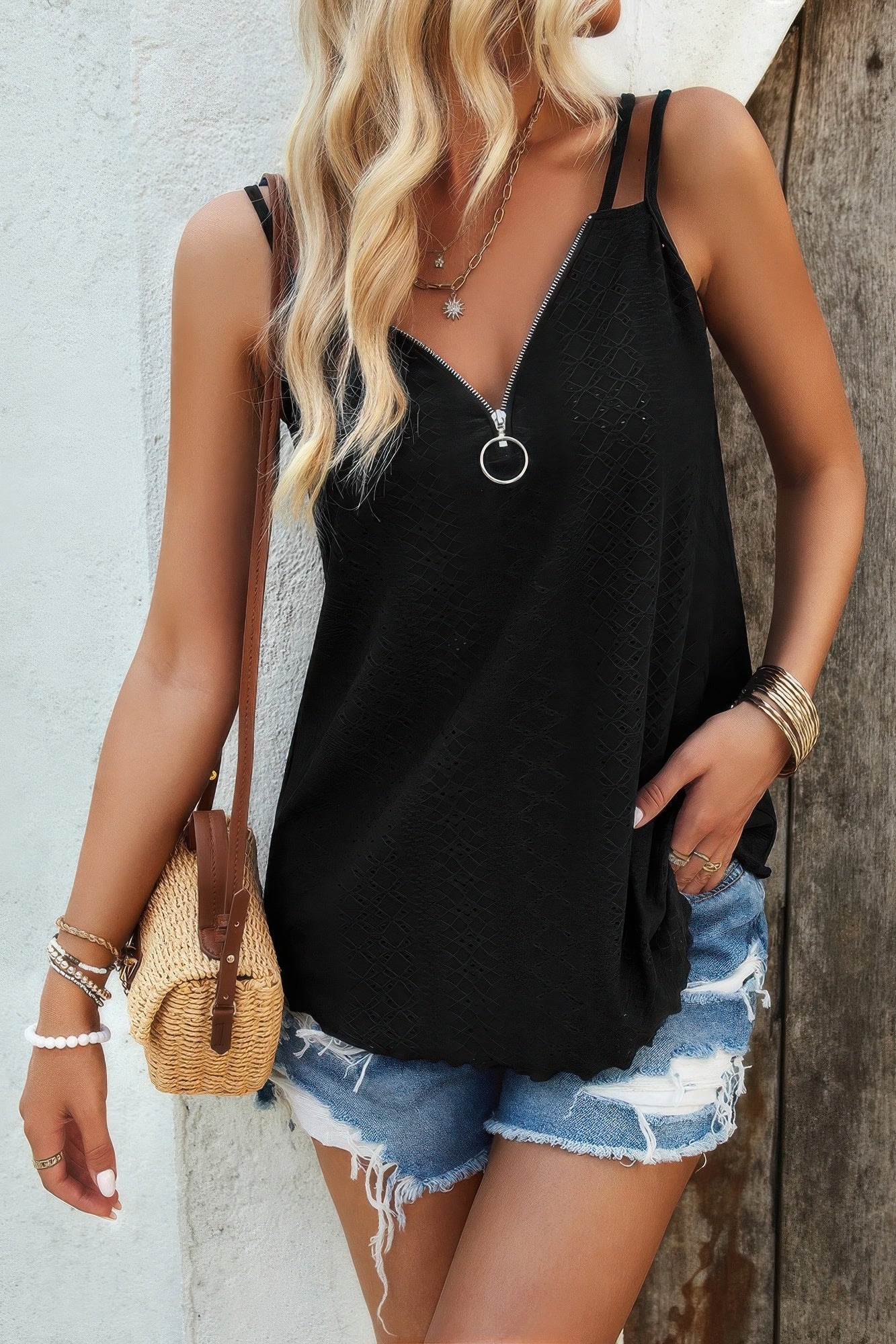 V Neck Eyelet Trim Spaghetti Strap Sleeveless Top | by atgodanddesigns