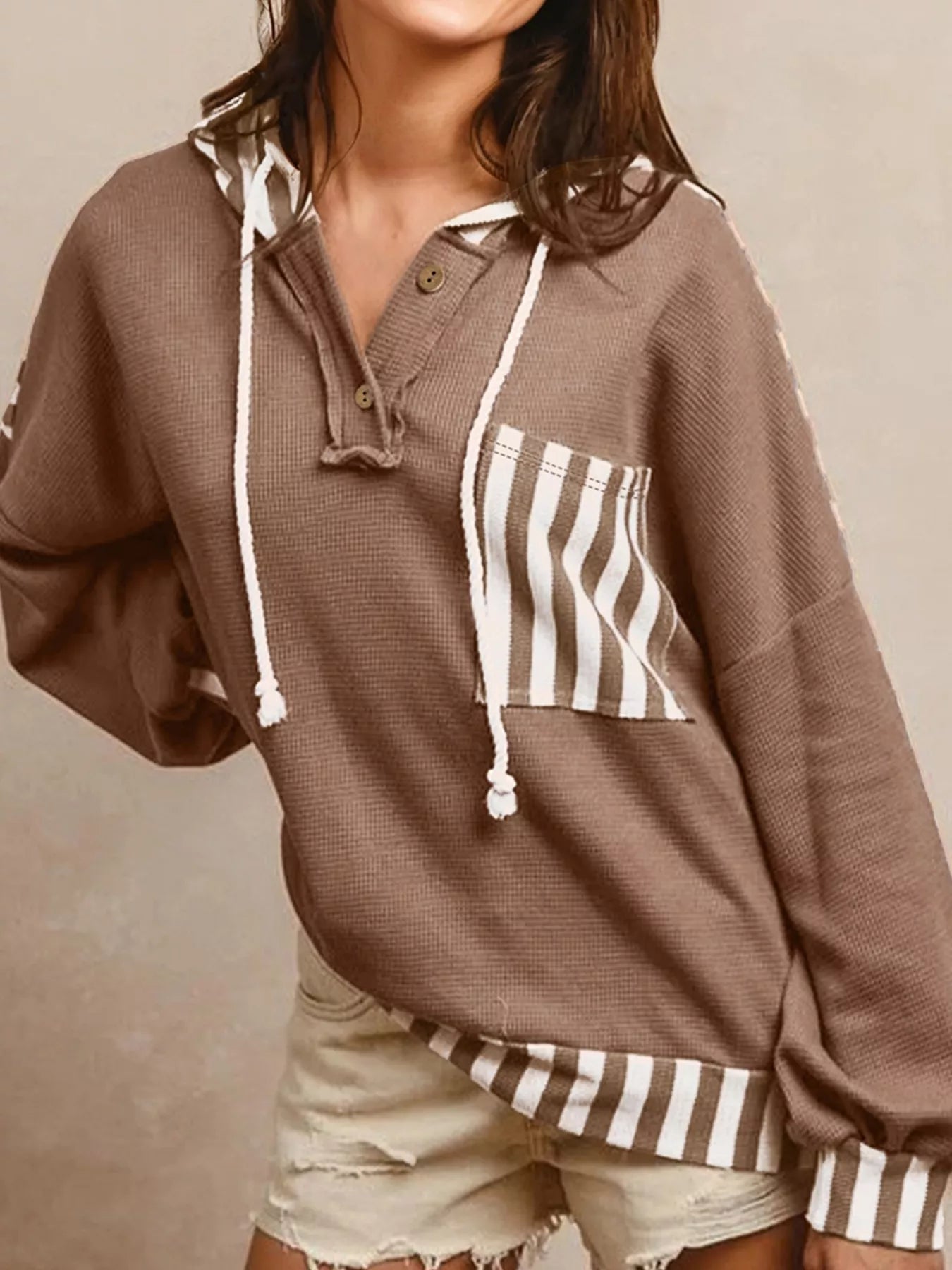 Waffle Texture Striped Patchwork Button Neck Drawstring Hoodie | by atgodanddesigns