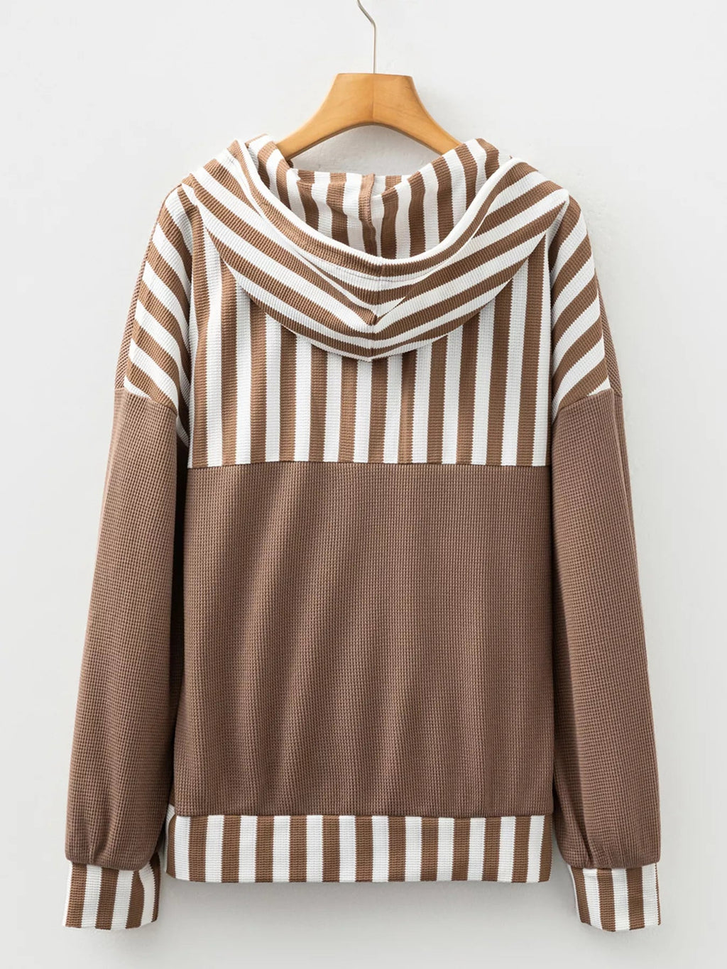 Waffle Texture Striped Patchwork Button Neck Drawstring Hoodie | by atgodanddesigns