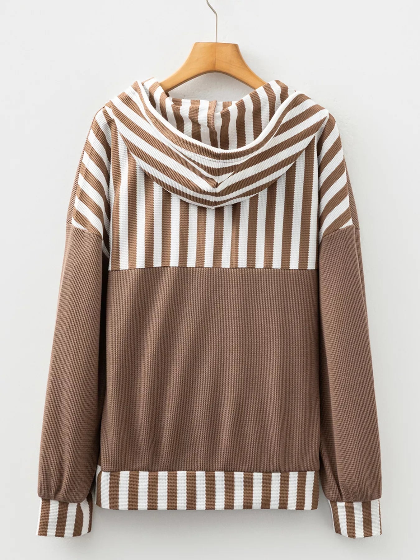 Waffle Texture Striped Patchwork Button Neck Drawstring Hoodie | by atgodanddesigns