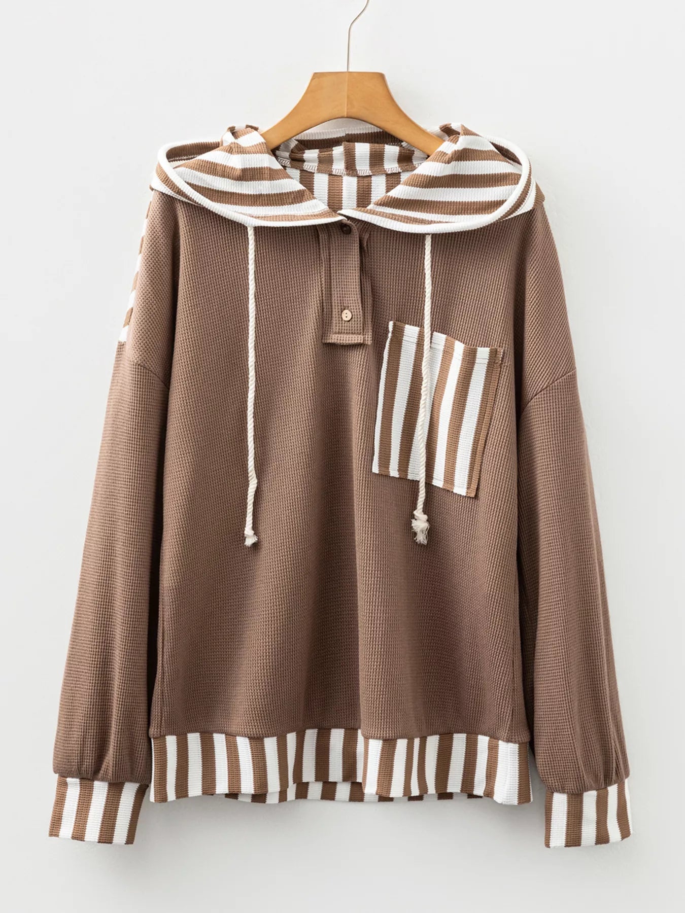 Waffle Texture Striped Patchwork Button Neck Drawstring Hoodie | by atgodanddesigns