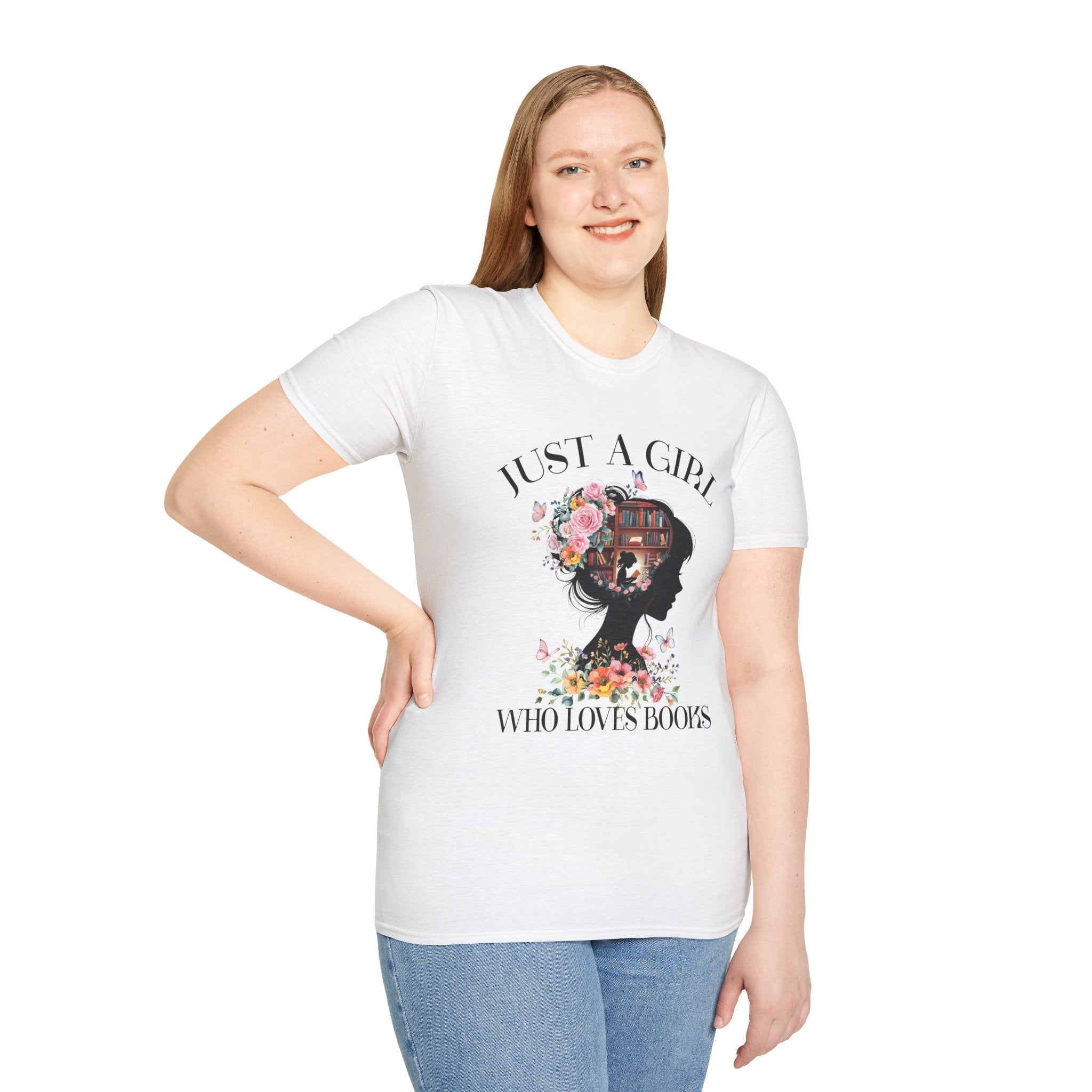 Women's Graphic T-Shirt - Just A Girl Who Loves Books | T-Shirt by atgodanddesigns
