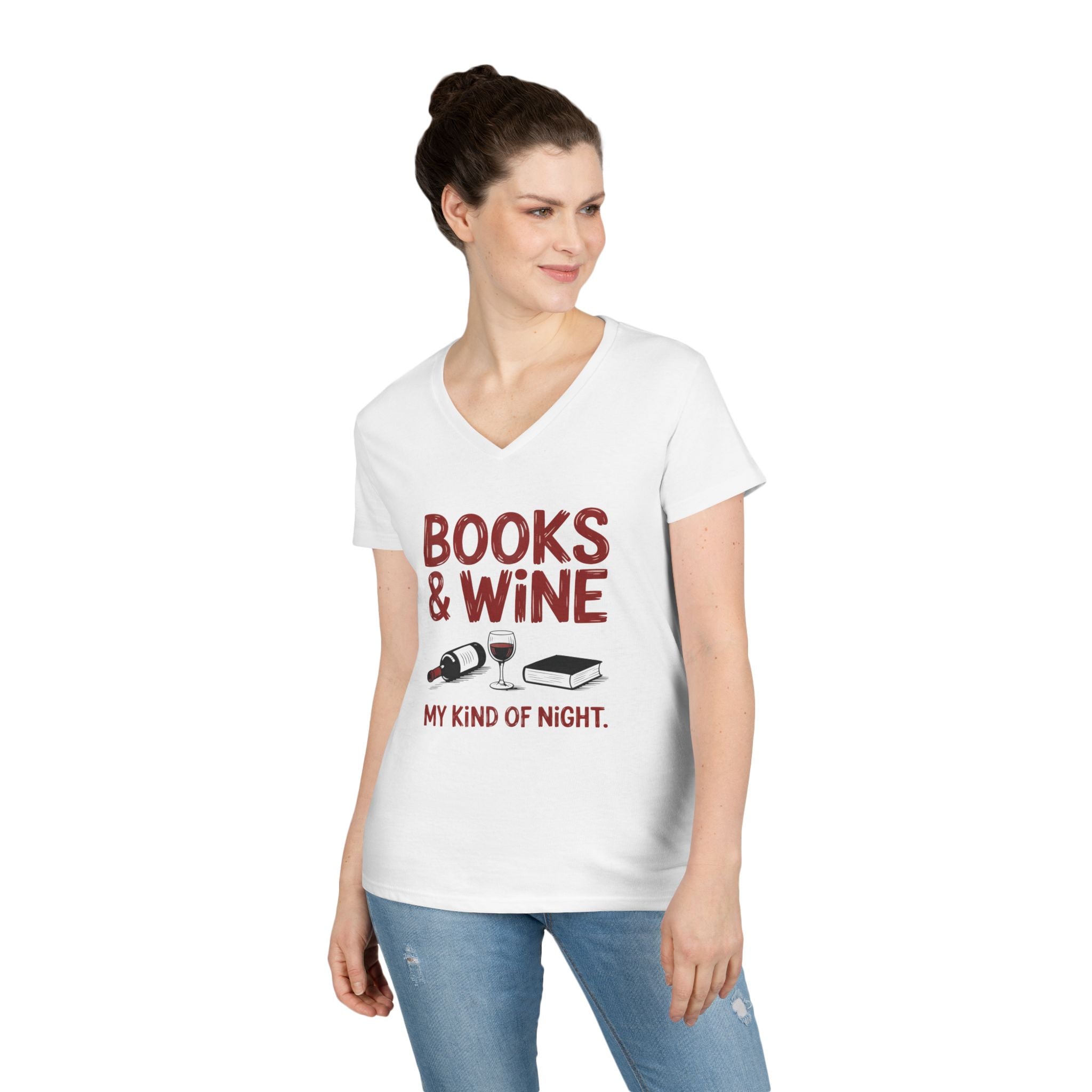 Women's Graphic V - Neck T-Shirt - Books & Wine My Kind Of Night | V - neck by atgodanddesigns