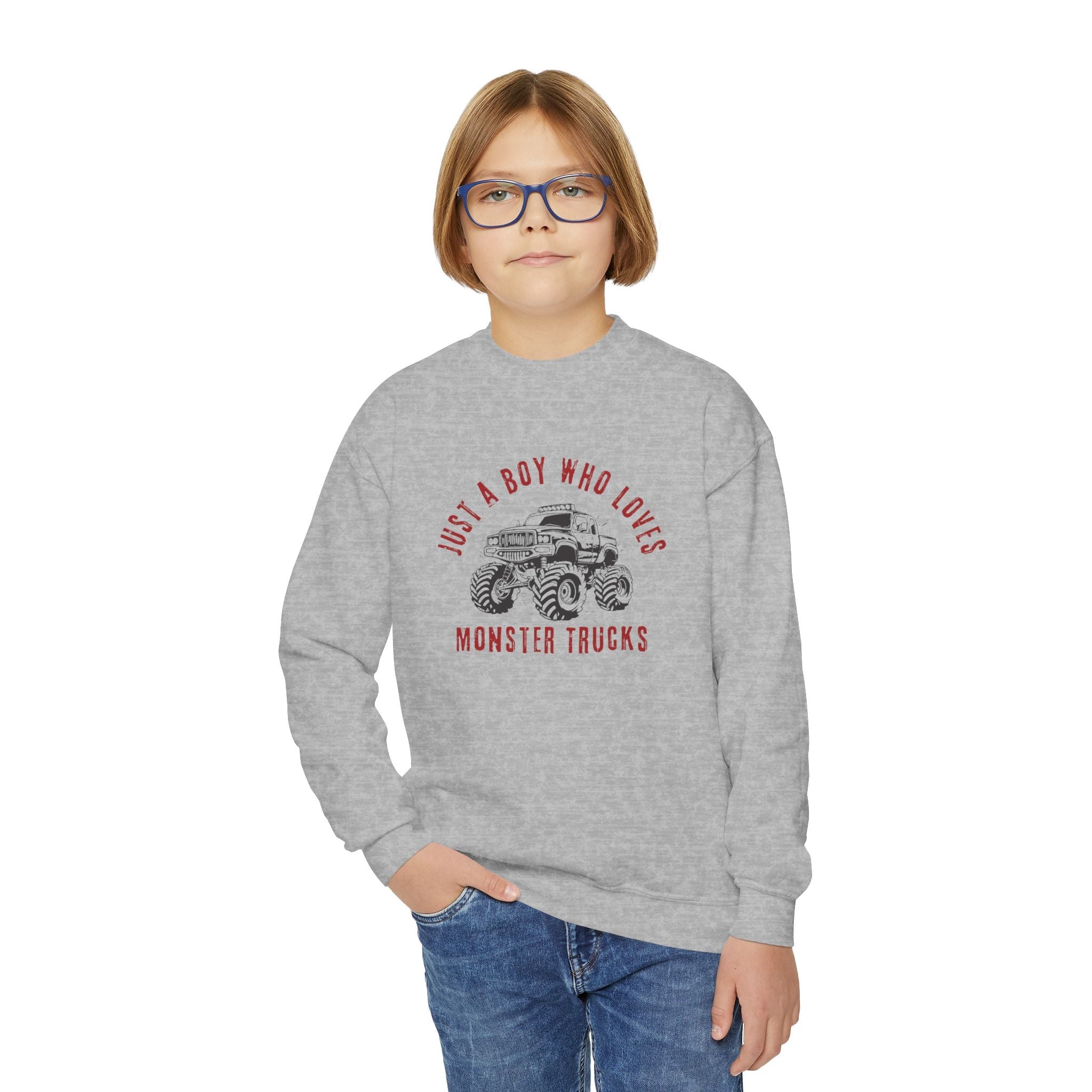 Youth Graphic Sweatshirt - Just A Boy Who Loves Monster Trucks | Kids clothes by atgodanddesigns