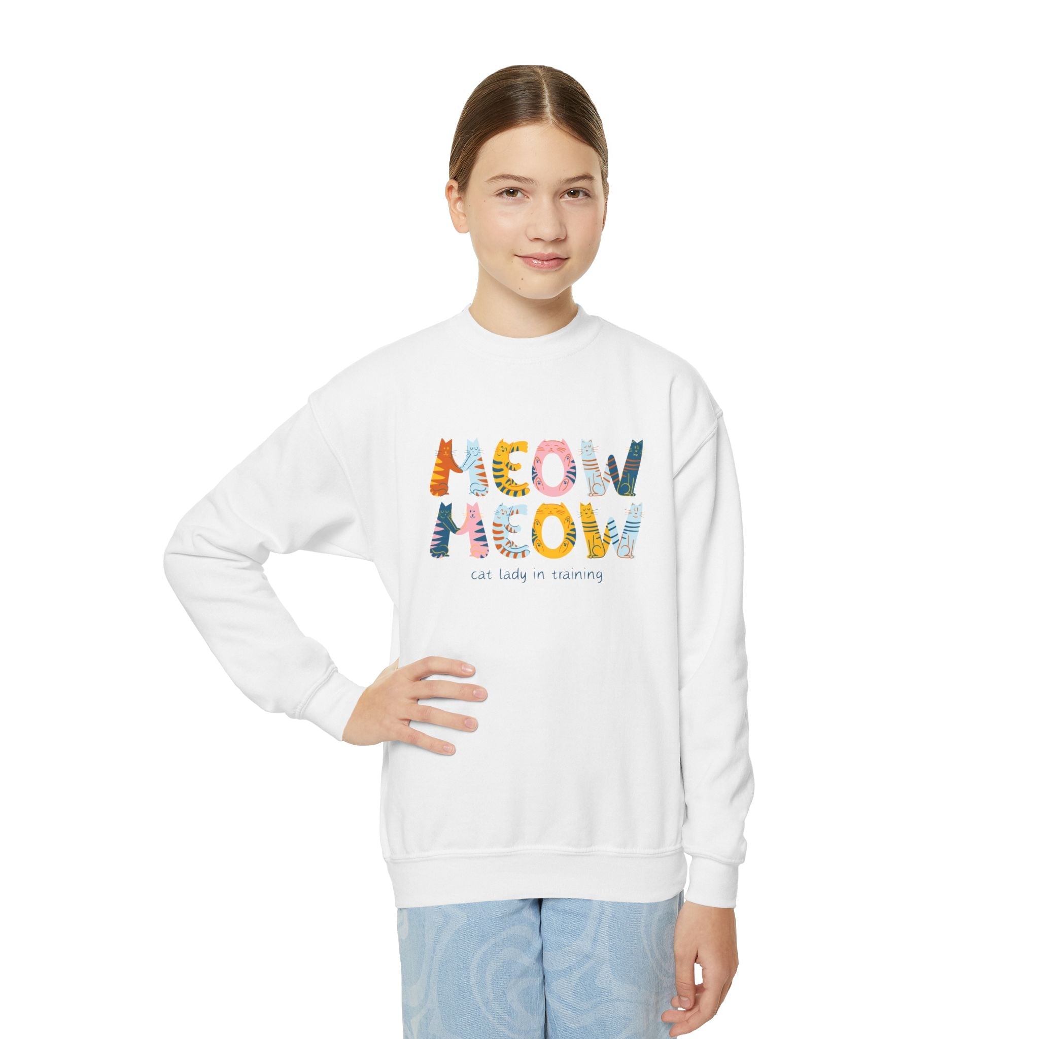 Youth Graphic Sweatshirt - Meow Meow Cat Lady In Training | Kids clothes by atgodanddesigns