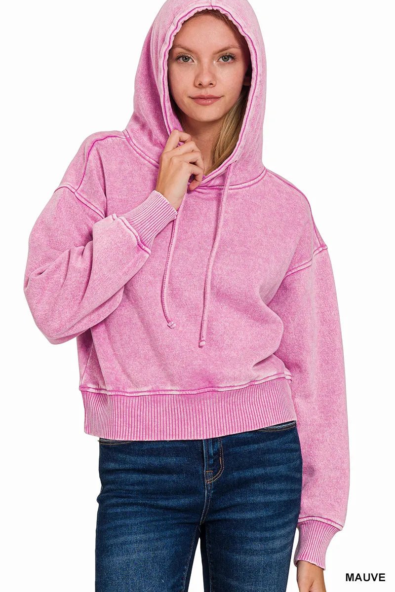 Zenana Acid Wash Fleece Drawstring Cropped Hoodie | by atgodanddesigns