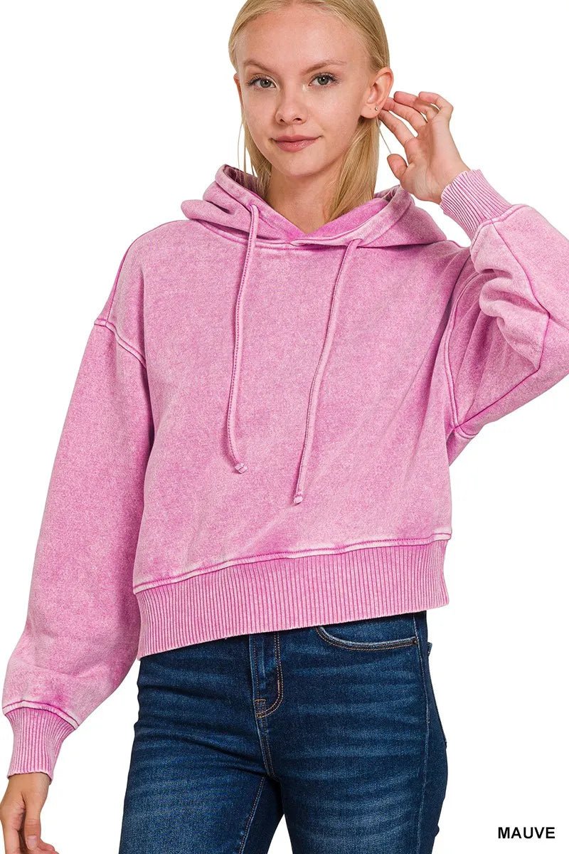 Zenana Acid Wash Fleece Drawstring Cropped Hoodie | by atgodanddesigns
