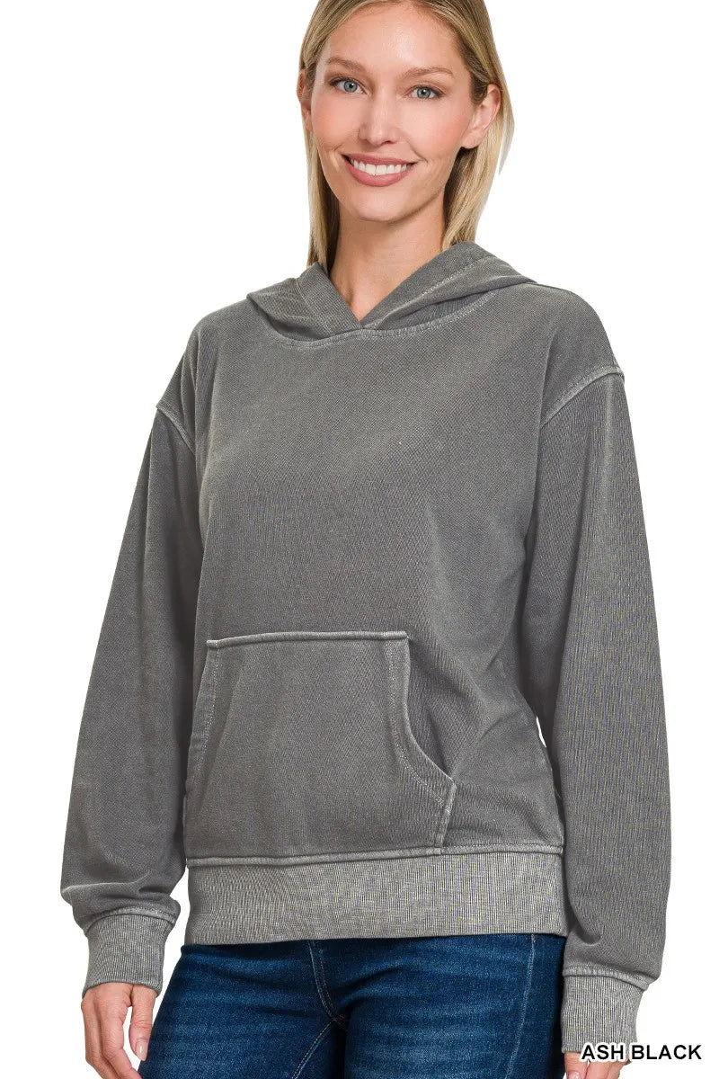 Zenana Fleece Pigment Dye Kangaroo Pocket Hoodie | by atgodanddesigns