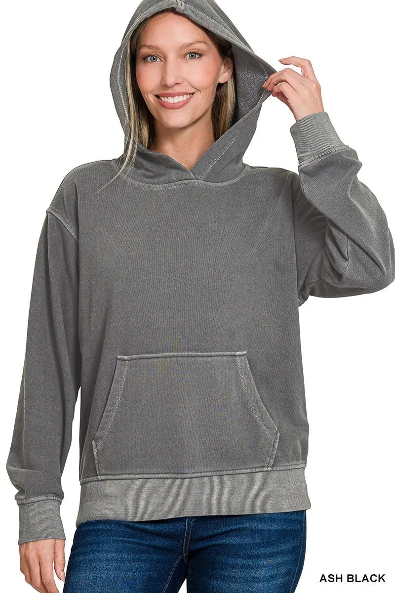 Zenana Fleece Pigment Dye Kangaroo Pocket Hoodie | by atgodanddesigns