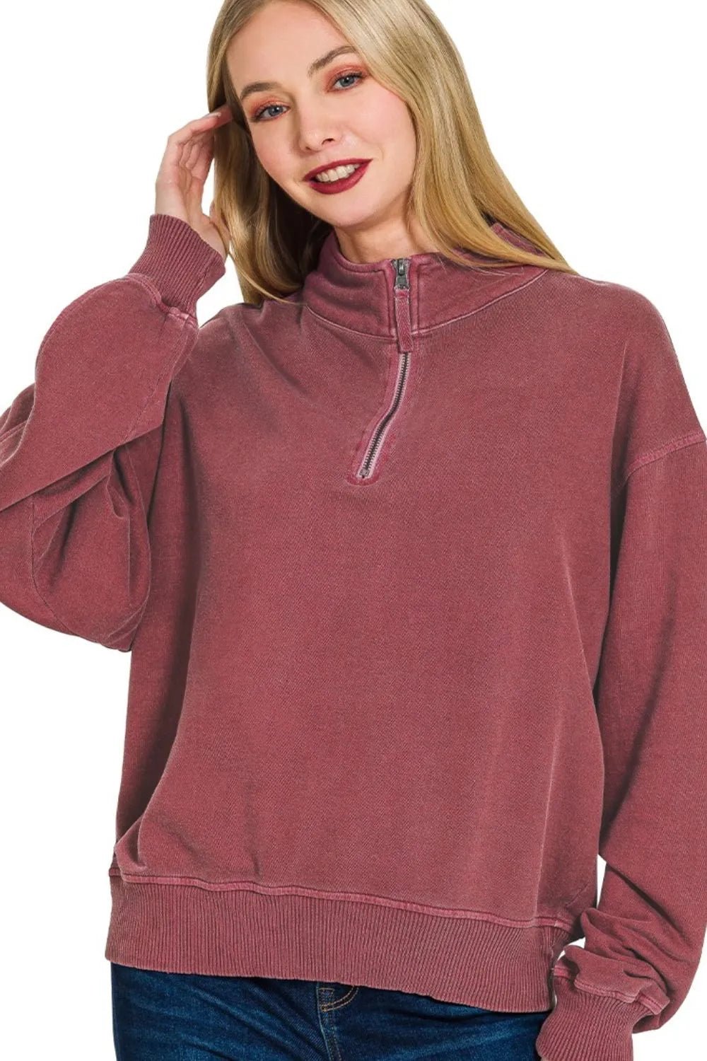 Zenana F/terry Pigment Dye & Enzyme Washing Half Zip Top | by atgodanddesigns