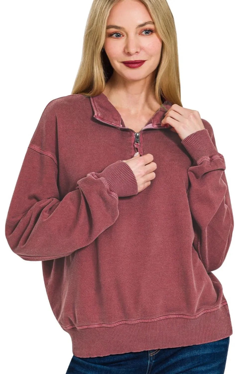 Zenana F/terry Pigment Dye & Enzyme Washing Half Zip Top | by atgodanddesigns