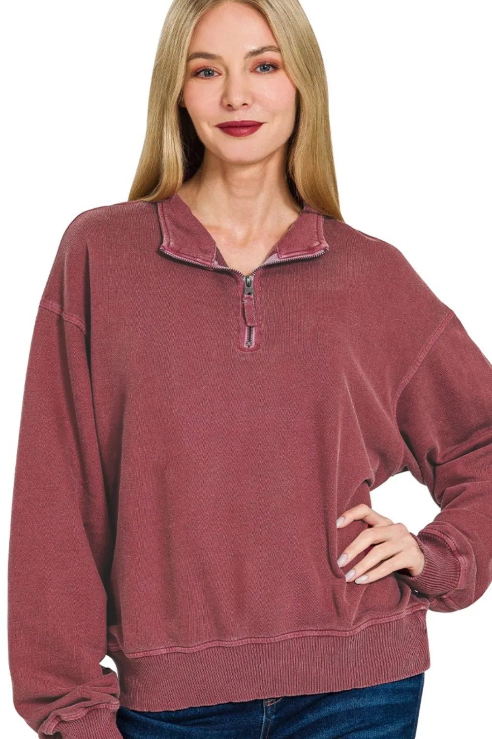 Zenana F/terry Pigment Dye & Enzyme Washing Half Zip Top | by atgodanddesigns