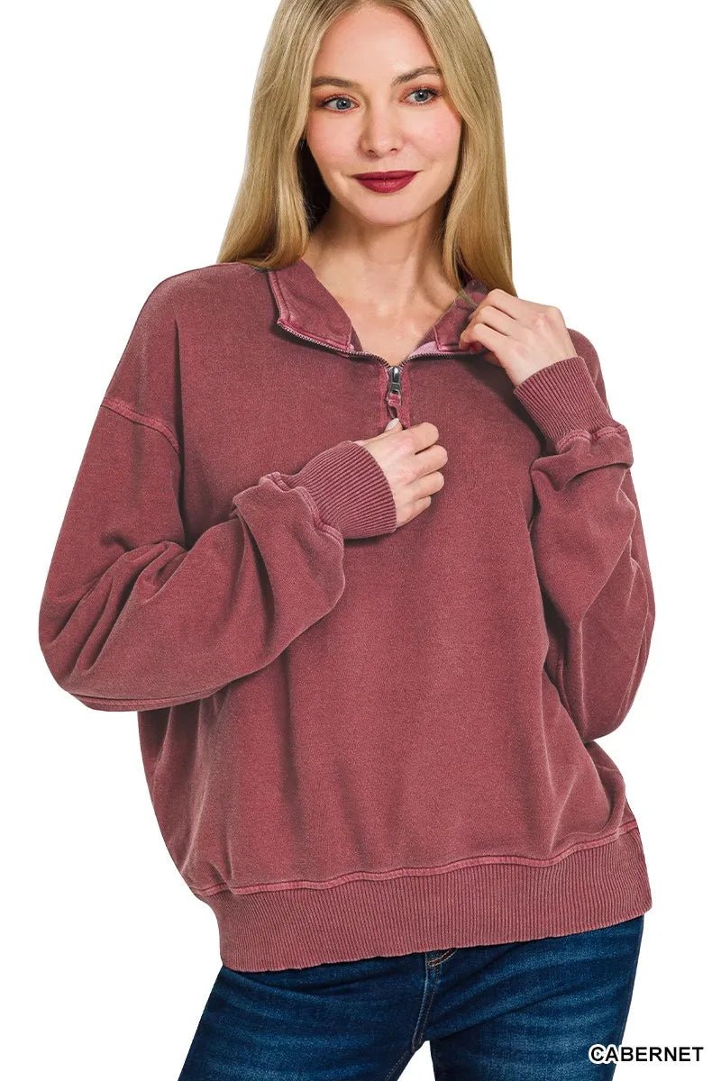 Zenana F/terry Pigment Dye & Enzyme Washing Half Zip Top | by atgodanddesigns